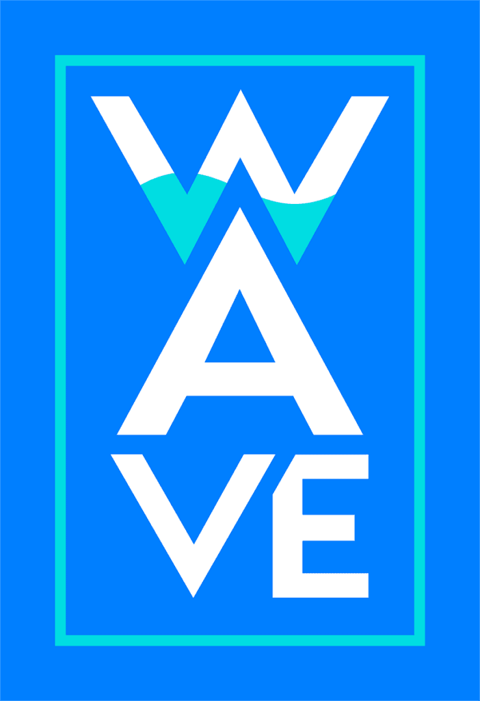 WAVE Young Professionals Network white and teal Vertical logo with blue background