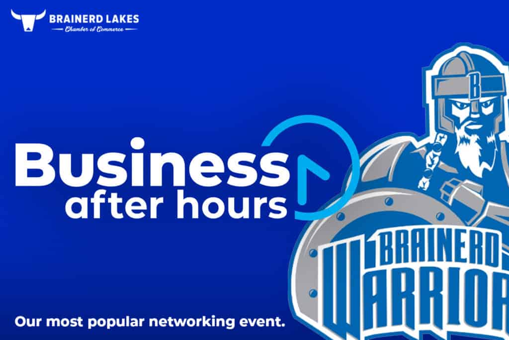 Blue graphic with the blue gray and white Brainerd Warrior logo on the left side with a white and blue Business After Hours logo overlayed on top