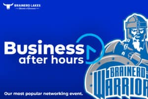Blue graphic with the blue gray and white Brainerd Warrior logo on the left side with a white and blue Business After Hours logo overlayed on top