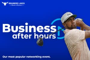 Blue graphic with a photo of a middle aged male golfer on the left side with a white and blue Business After Hours logo overlayed on top