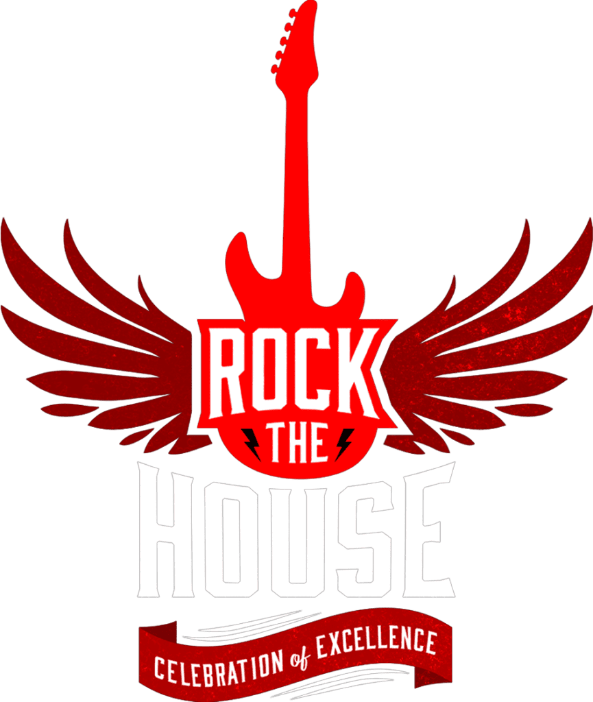 faded red and black Rock the House logo in the center with a electric guitar and angel wings shape