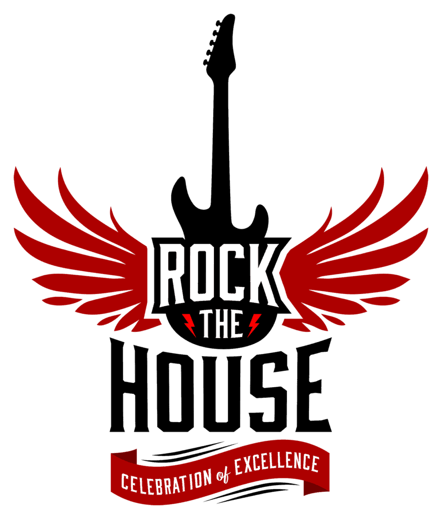 Rock the House logo in the center with a electric guitar and angel wings shape