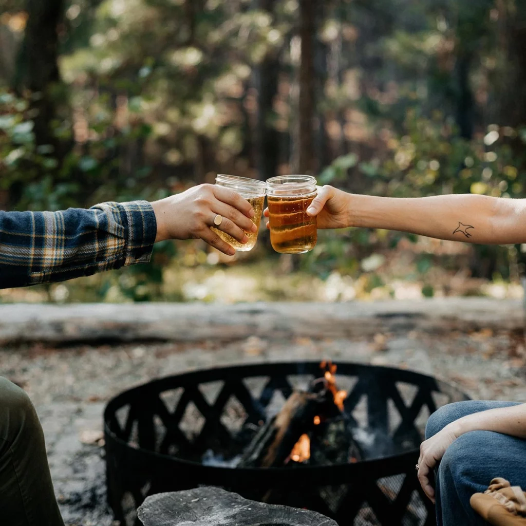 Photo from Woodlore Cider of two peple holding up glasses of cider to cheers next to a campfire outside on a late summer day