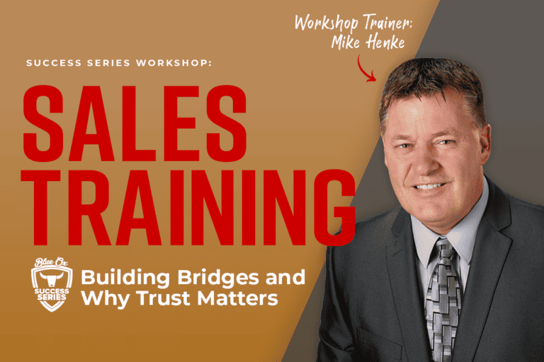 Tan Background with fadded Success Series logo on left hand side with a large red heading "sales training" with a photo of a middle agged man in a dark suit on the right side