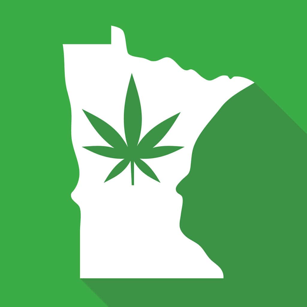Green graphic with a white illustration of Minnesota in the center with an illustration of a cannabis leaf in the middle