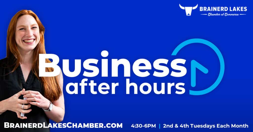Blue graphic with a smiling, middle aged women with red hair on the left side with a white and blue Business After Hours logo overlayed on top