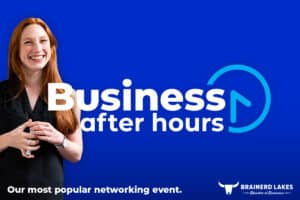 Blue graphic with a smiling, middle aged women with red hair on the left side with a white and blue Business After Hours logo overlayed on top