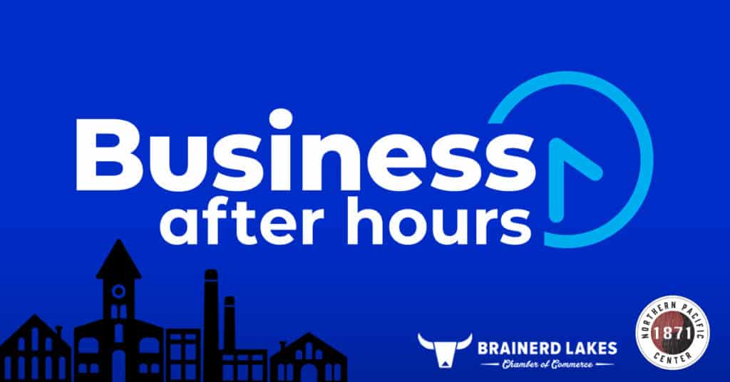 Blue graphic with a black illustration of an industrial type skyline on the lower left side with a white and blue Business After Hours logo overlayed on top