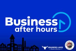 Blue graphic with a black illustration of an industrial type skyline on the lower left side with a white and blue Business After Hours logo overlayed on top