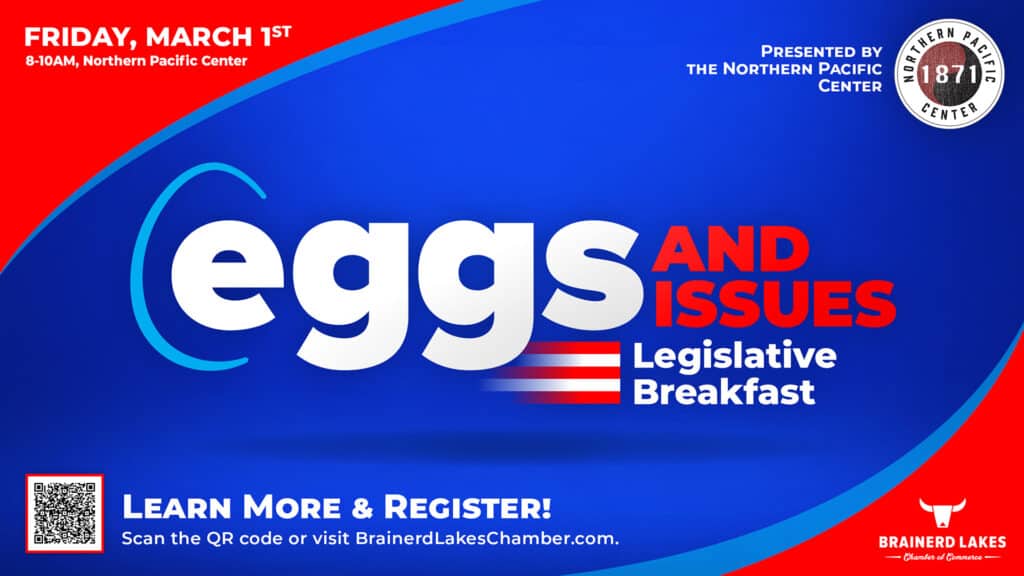 Eggs and Issues Legislative Breakfast logo on top of a bright blue background with a red trangle graphic in the lower right corner
