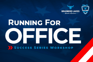Graphic with white words: Blue Ox Success Series 2024: Running for Office, with a dark blue background with faded stars and a red strip graphic in the lower right corner