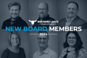 Photo collage of the new members of the 2024 Brainerd lakes Chamber board of directors with a dark blue overlay