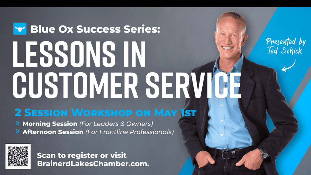 Photo of Ted Schick, a smiling middle aged man in a blue shirt and black jacket against a gray background with the heading Success series: Lesons in Customer Service on top