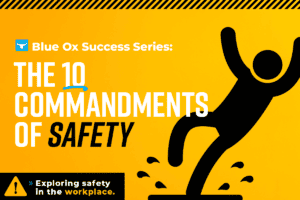 Yellow Background with black icon of a stick figure slipping on wet floor on the right side with the heading "the 10 commandments of safety" on the top