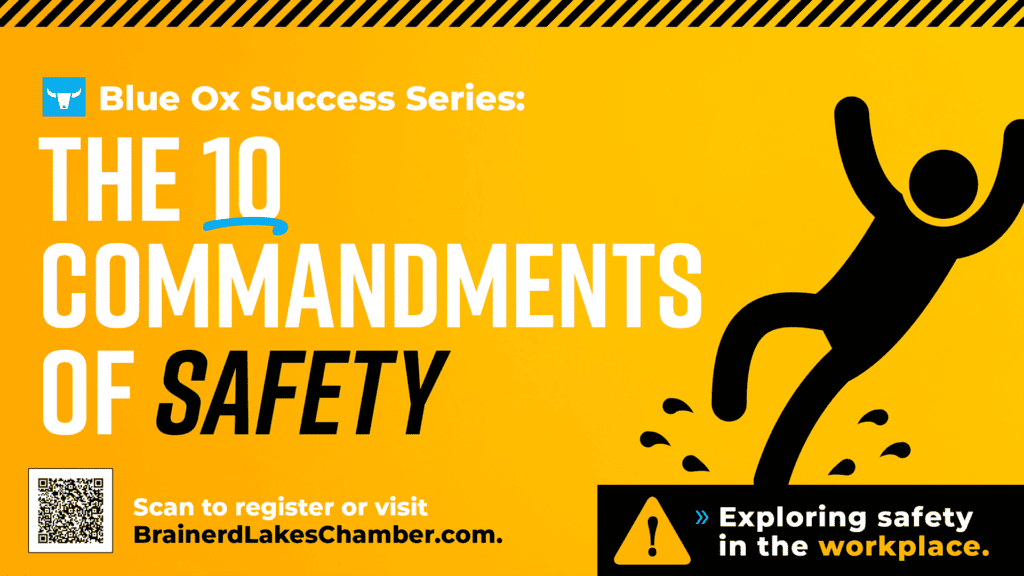 Yellow Background with black icon of a stick figure slipping on wet floor on the right side with the heading "the 10 commandments of safety" on the top