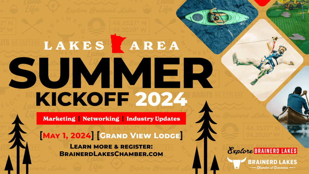 Tan graphic with tourism photos on the right side and a Lakes Area Summer Kickoff 2024 black and white logo on the left