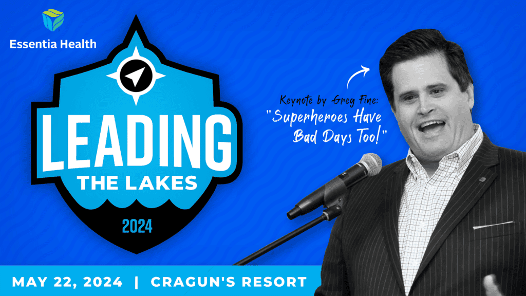 Blue graphic background with a white, blue, and black "Leading the Lakes" logo