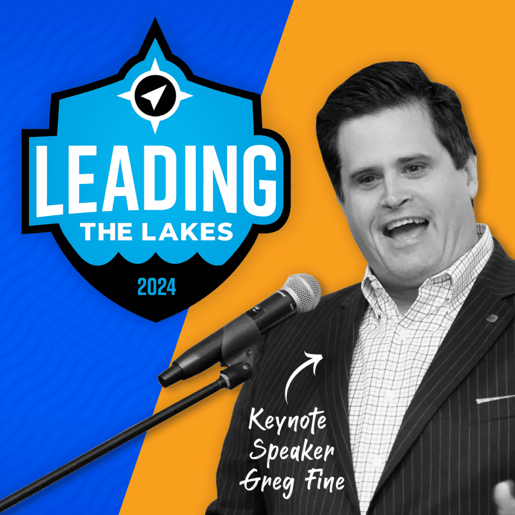 Blue graphic background with a white, blue, and black "Leading the Lakes" logo