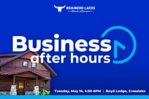 Blue graphic with white Business After Hours logo in the center and a photo of a rustic cabin on the left side